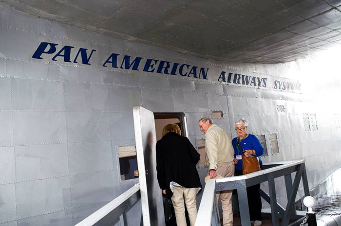 Margaret OShaughnessy greets Pan Amers Foynes Flying Boat Replica at the Pan Am Reunion Photo copyright Robert Genna