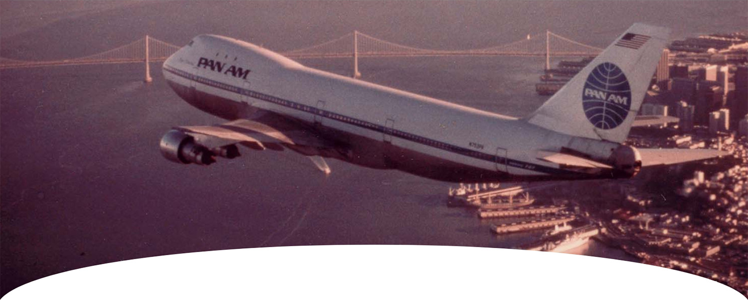 WORLDS AIRLINE Pan Am Boeing 747 at sunset over Golden Gate Bridge