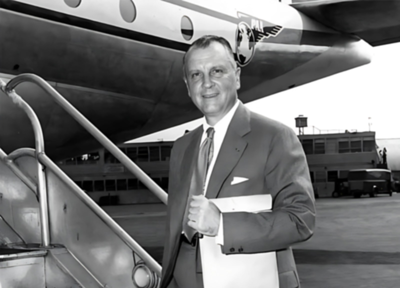 Juan Trippe boarding a Pan Am B-377 Stratocruiser, 1957